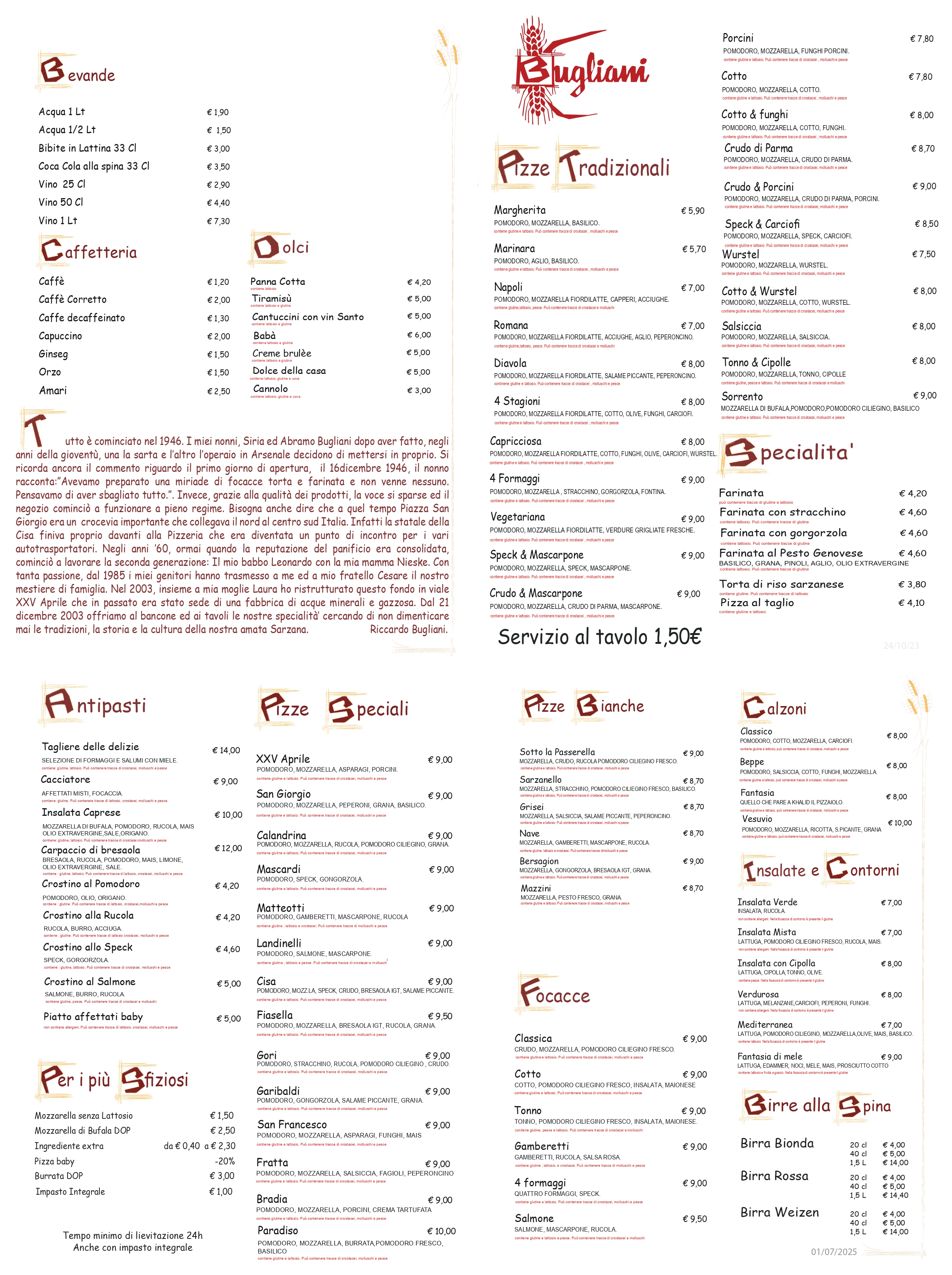 Menu Completo Pizzeria Bugliani